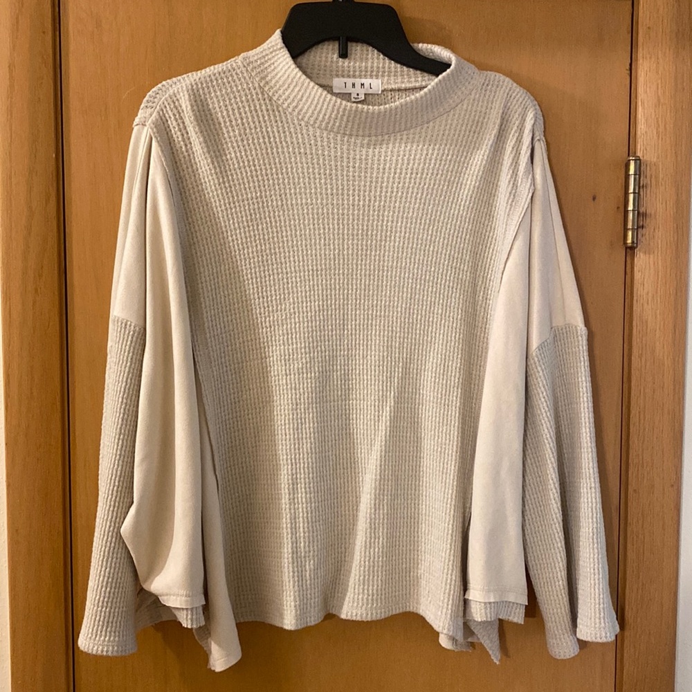 THML Cream Waffle Knit Swing Long Sleeve Top